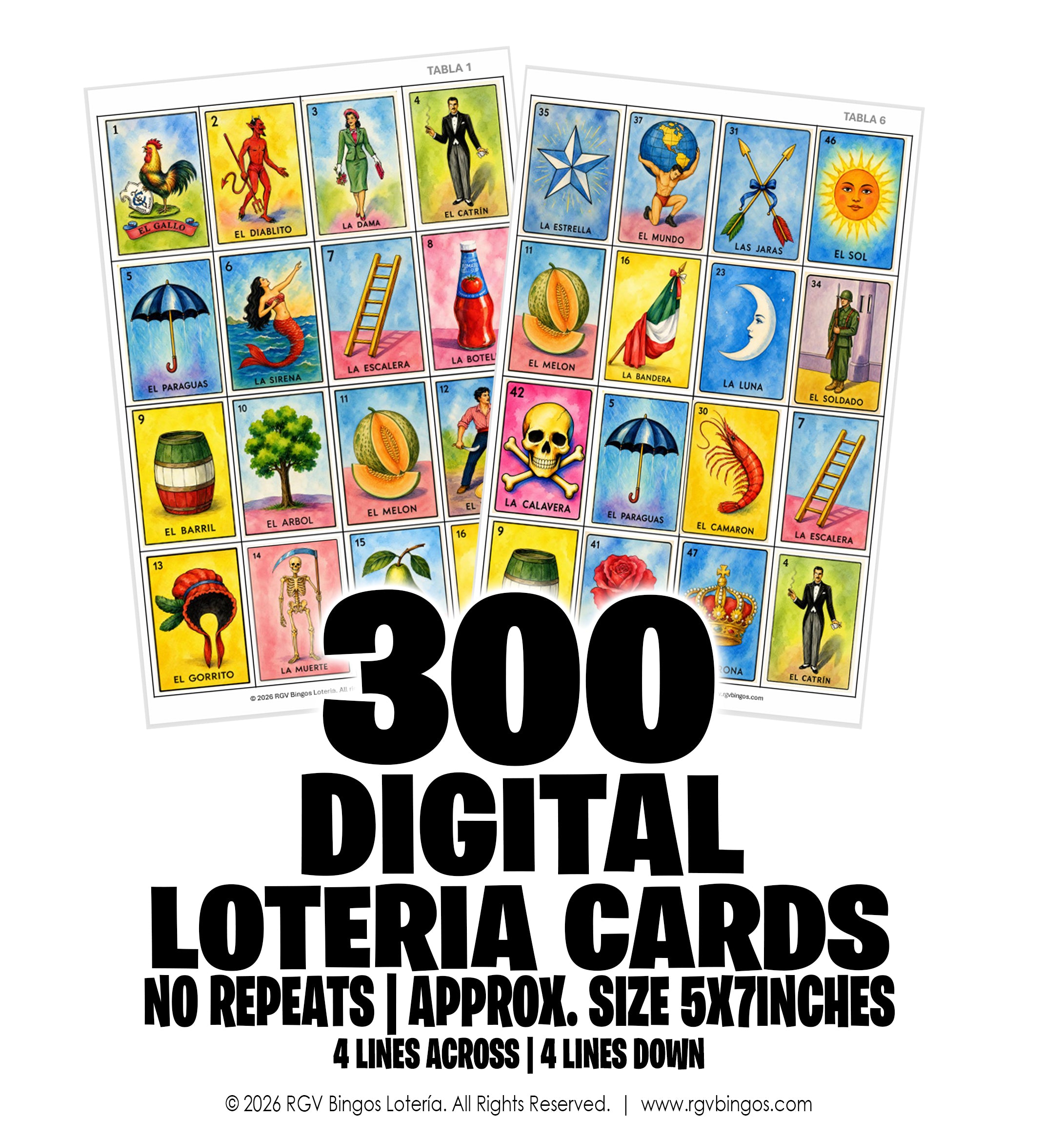 300 Modern Mexican Lotería Cards – Digital Download - NO Repeats! Todas Diferentes.