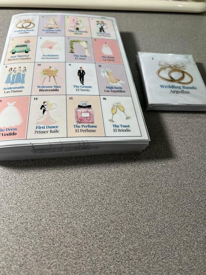 Printed Bilingual Bridal Shower Bingo with Calling Cards, NO REPEATS!!!