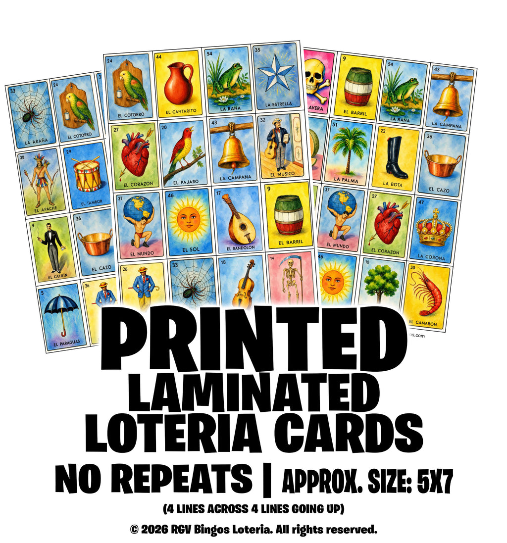 Printed & Laminated Loteria Cards Approximate size 5x7 Inches NO Repeats