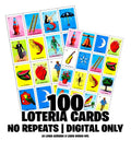 100 Printable Mexican Loteria Cards 4linesx4lines All Different Cards, No Repeats! Todas Diferentes! DIGITAL FILE