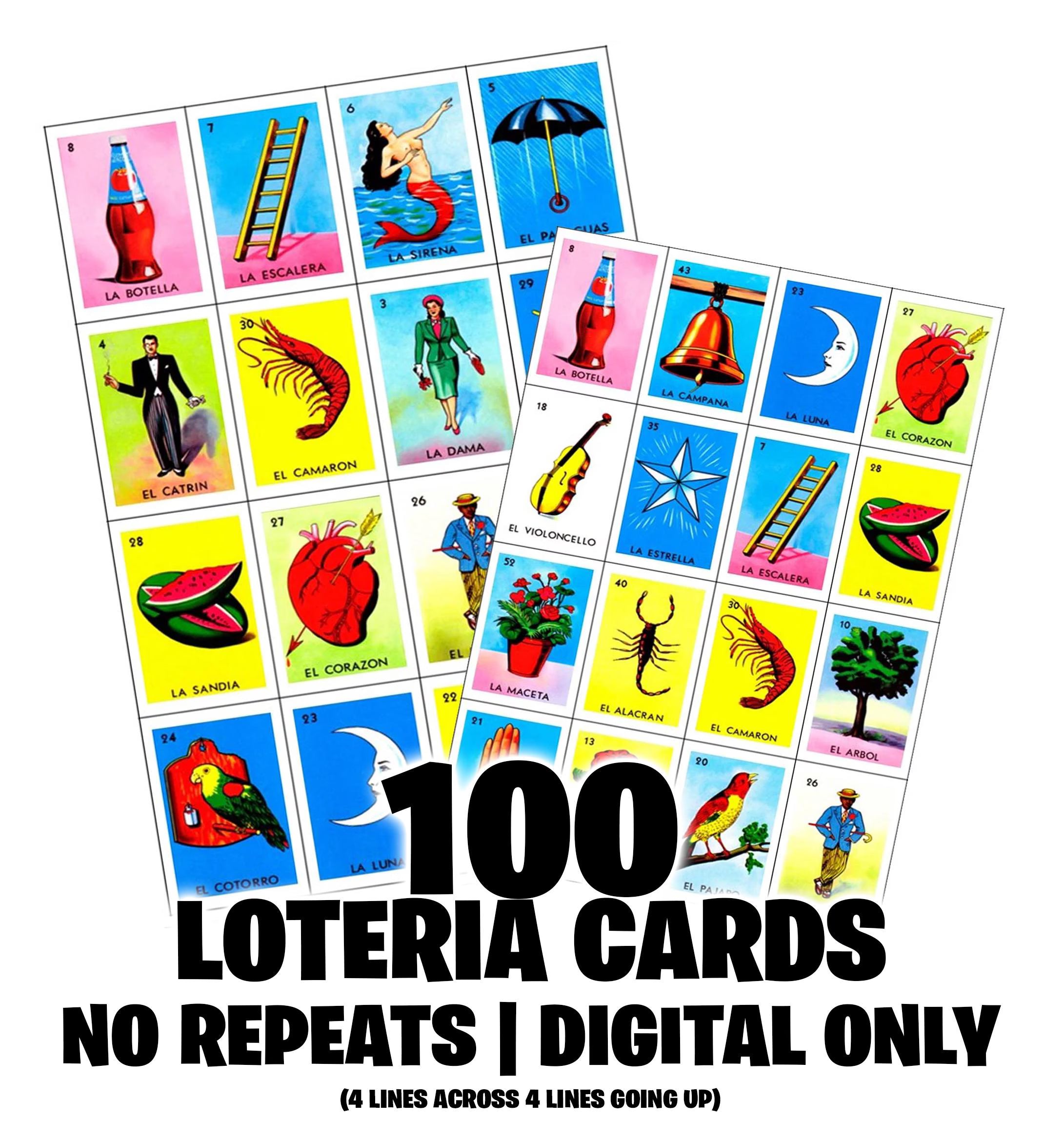 100 Printable Mexican Loteria Cards 4linesx4lines All Different Cards, No Repeats! Todas Diferentes! DIGITAL FILE