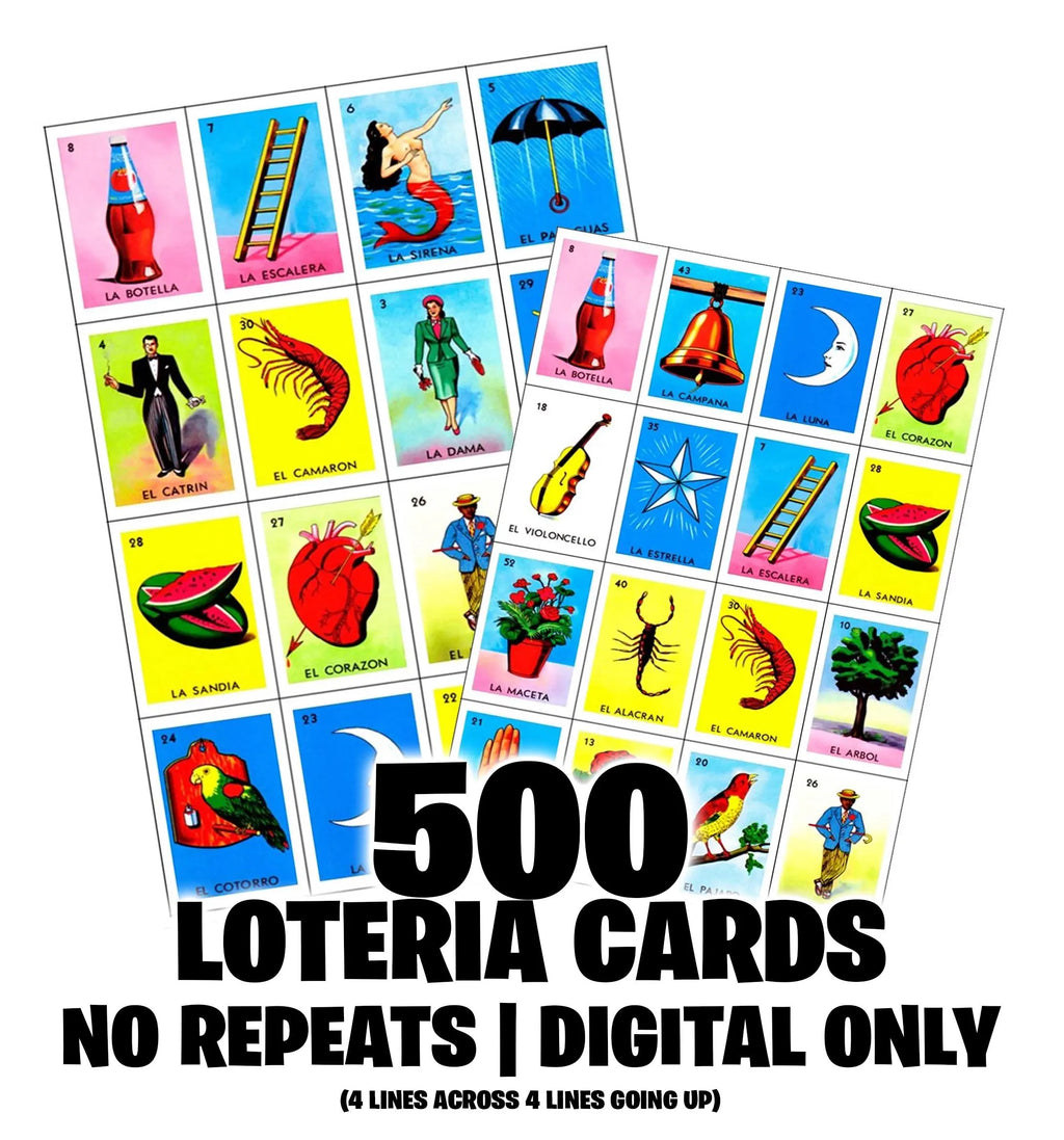 500 Printable Loteria Cards 4x4 All Different Cards, No Repeats! Todas Diferentes! DIGITAL FILE