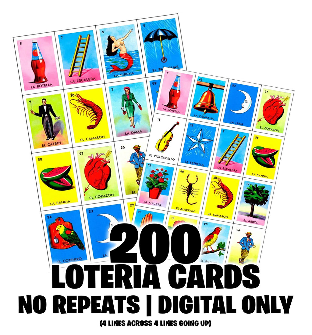 200 Printable Loteria Cards 4linesX4lines All Different Cards, No Repeats! Todas Diferentes! DIGITAL FILE