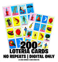 200 Printable Loteria Cards 4linesX4lines All Different Cards, No Repeats! Todas Diferentes! DIGITAL FILE