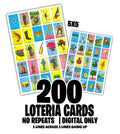 200 Loteria Cards, All Different, No Repeats (Digital File) 5LINES X 5 LINES