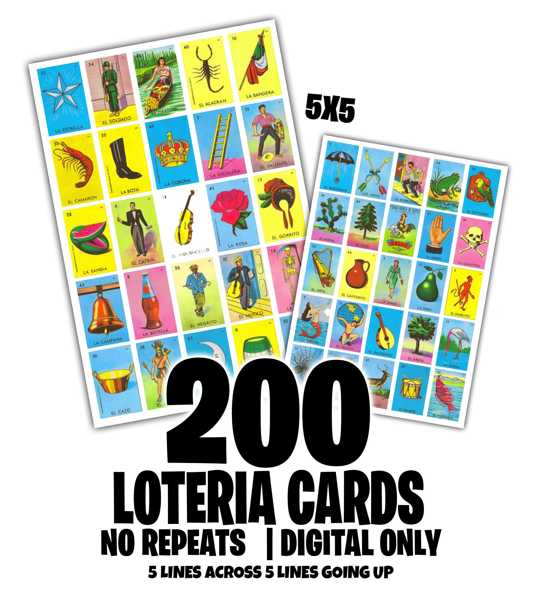 200 Loteria Cards, All Different, No Repeats (Digital File) 5LINES X 5 LINES