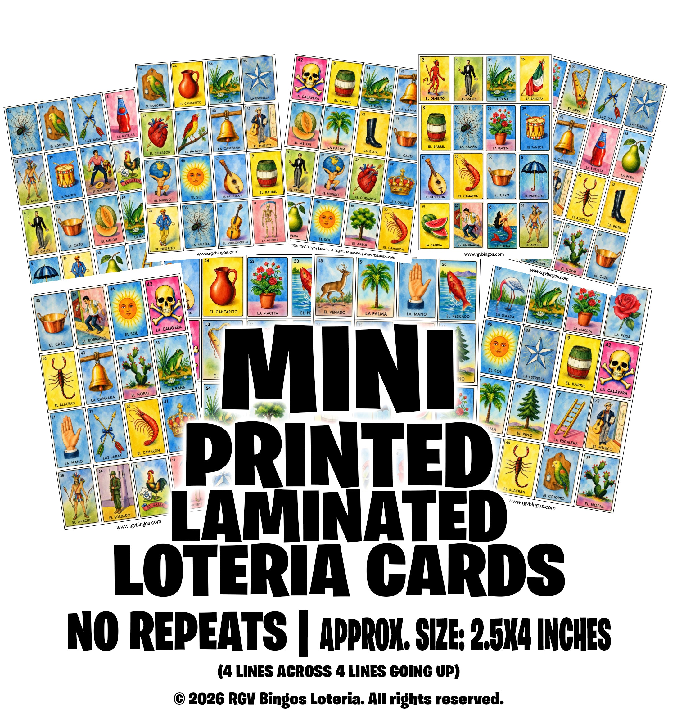 MINI 2.5X4 Inches Printed Loteria Cards, No Repeats (Loteria Impresa)